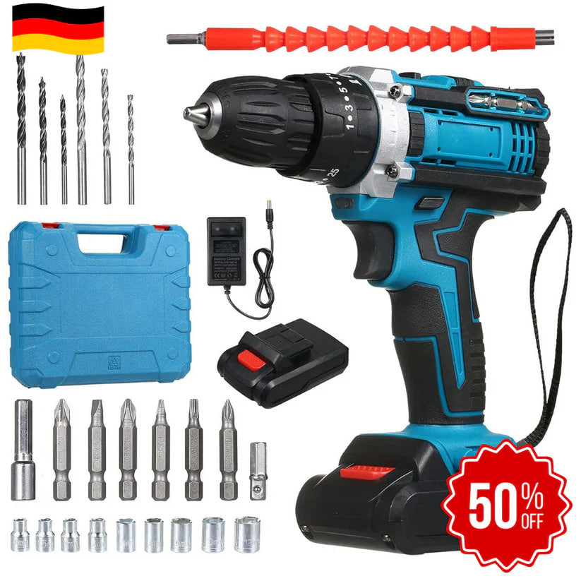 DrillMaster | Električna bušilica s udarcem i baterijom (Kompletni njemački set)